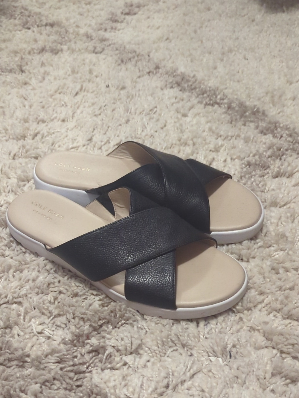 Cole Haan Black Leather Crisscross Slide Sandals with Cream Footbed Size 9